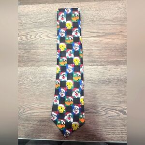 VTG 1996 LOONEY TUNES MANIA CHRISTMAS BLACK MENS NECKTIE TIE